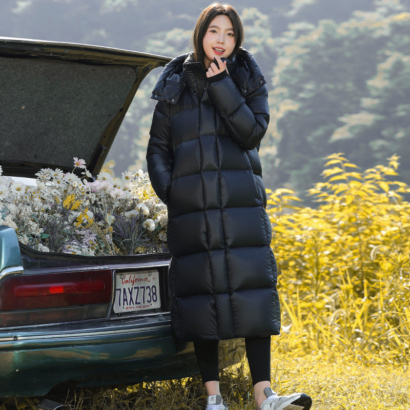 Long women's down coat with white goose down filling