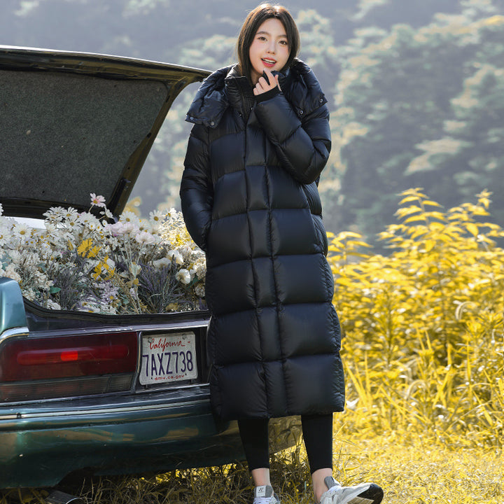 Long women's down coat with white goose down filling