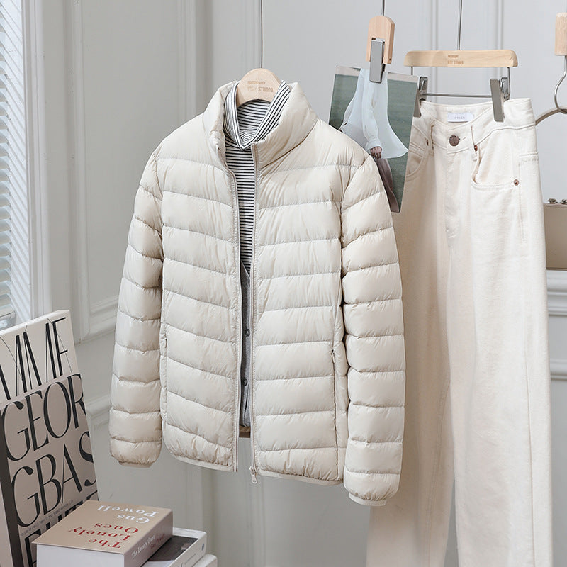 Light women's down jacket, standing collar, 90% duck down