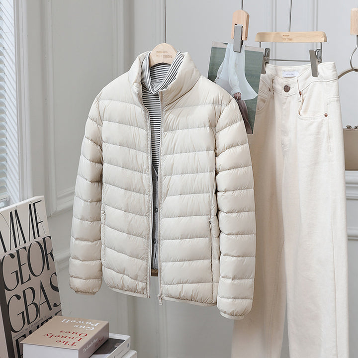 Light women's down jacket, standing collar, 90% duck down
