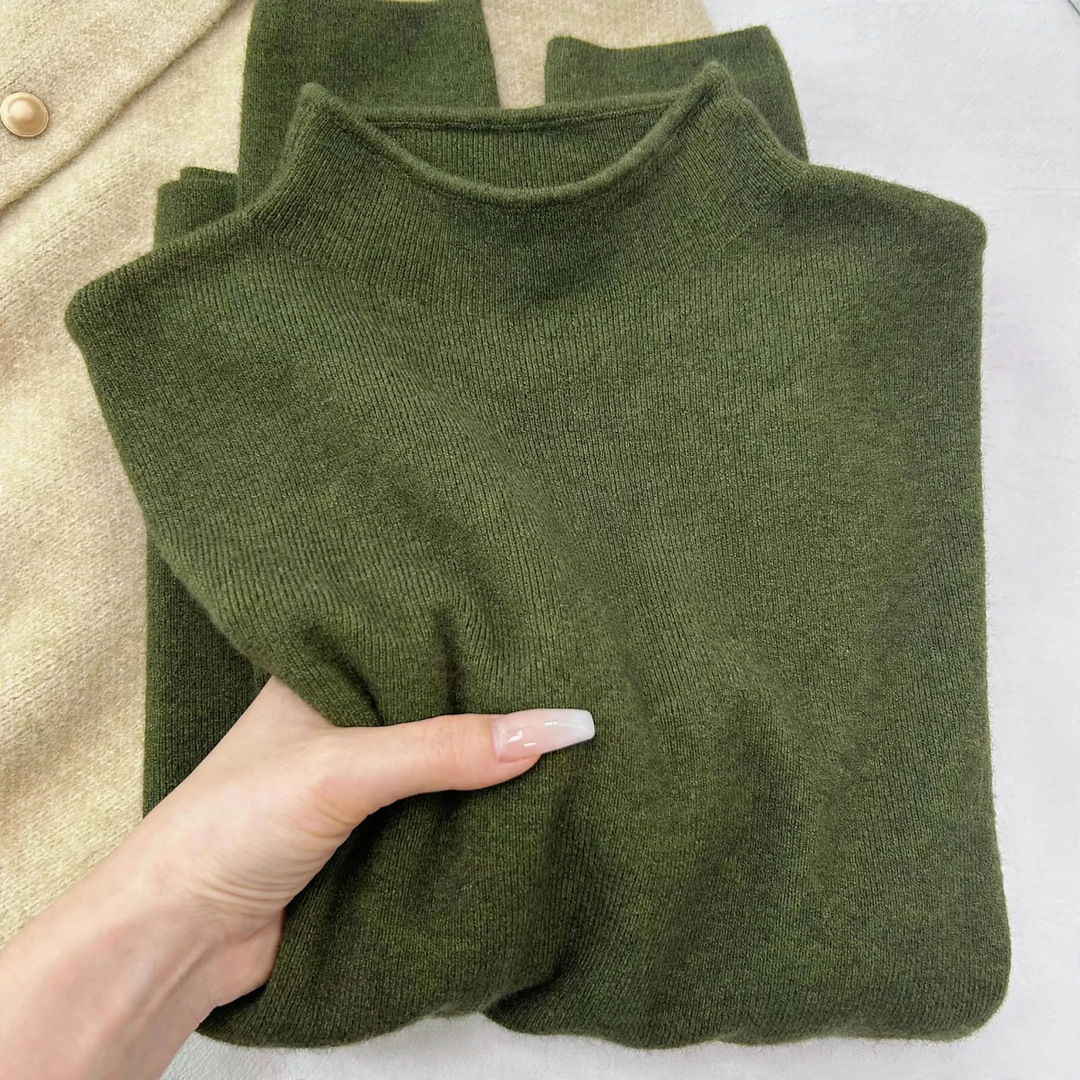 Women's knit sweater with stand-up collar, solid color