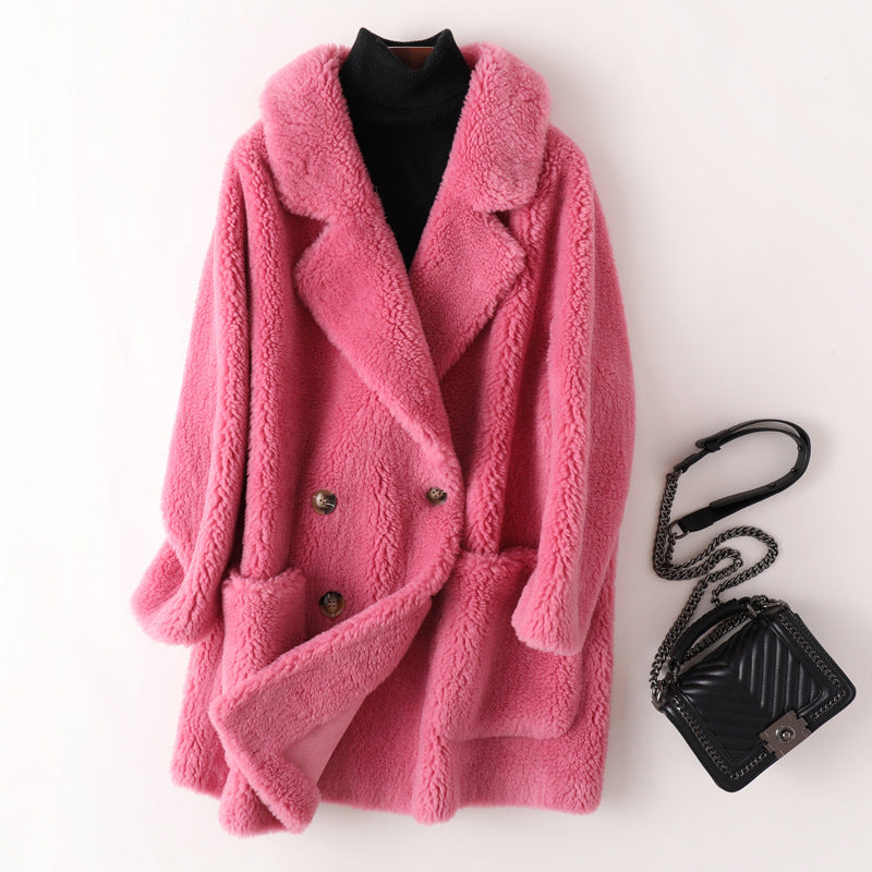 Women's coat made of lambskin imitation, medium length