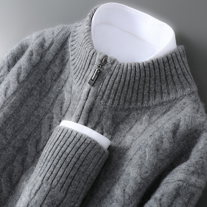 Men's wool sweater, 100% wool, zipper, cable pattern