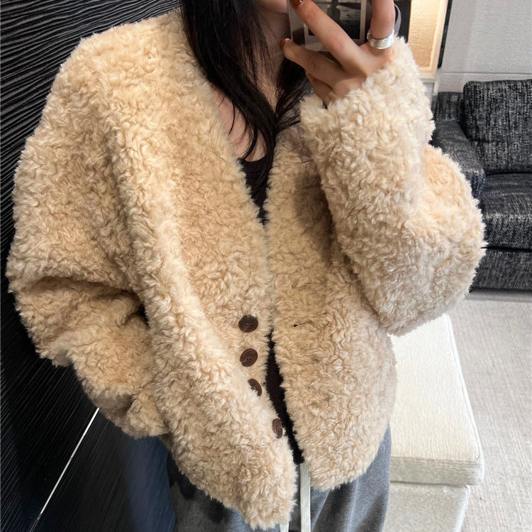 Women's short coat, lambskin look, V-neck
