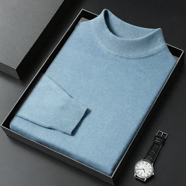 Men's knit sweater with stand collar, simple design