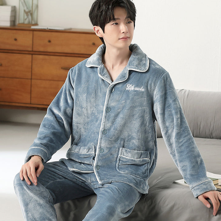 Men's Flannel Pajama Set, Embroidered, Simple