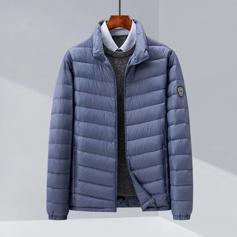 Light men's down jacket, hood or stand-up collar
