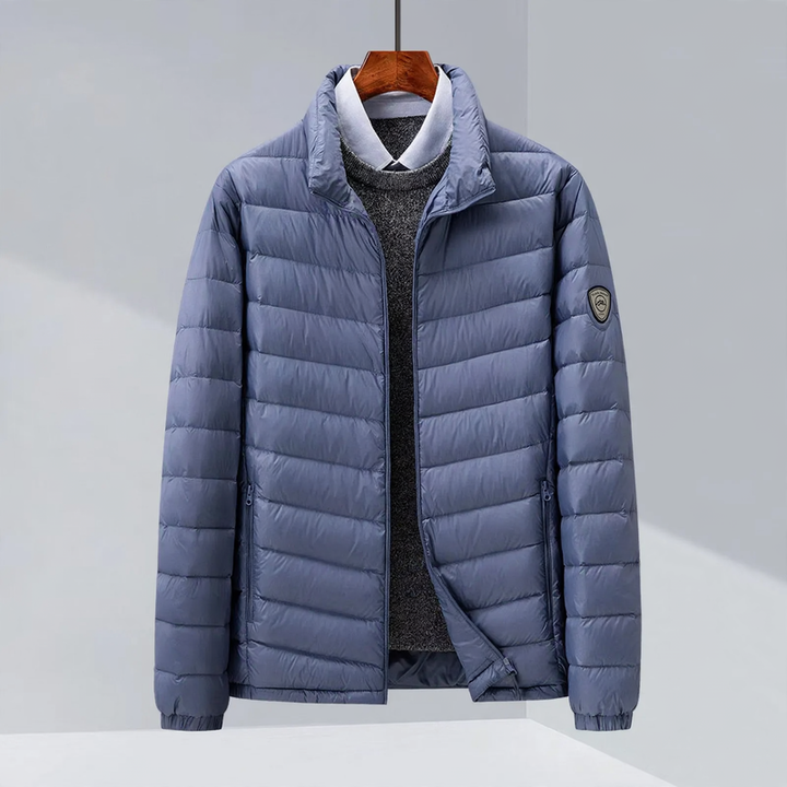 Light men's down jacket, hood or stand-up collar