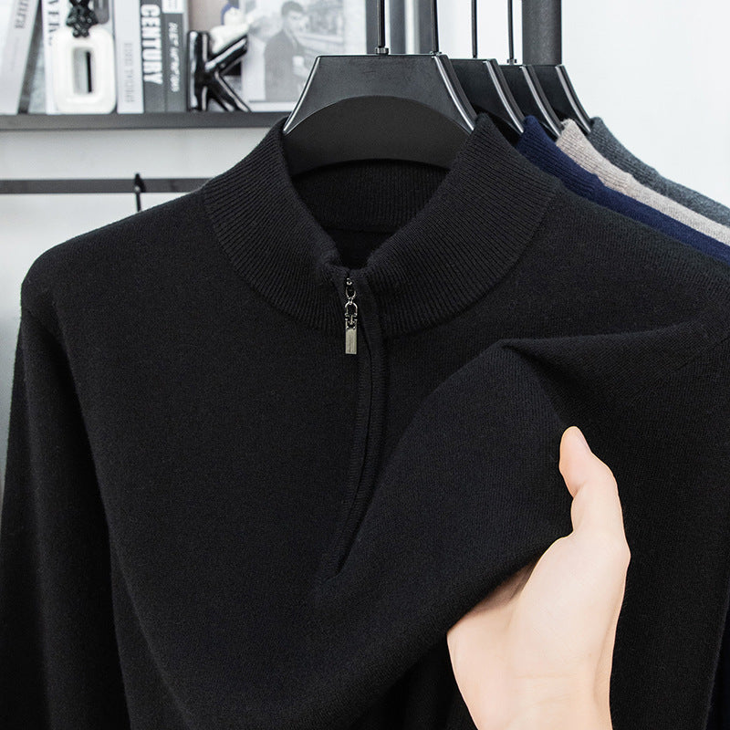 Men's wool pullover with zipper and stand-up collar
