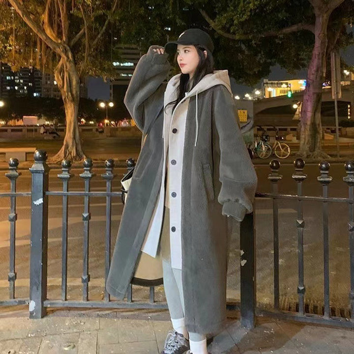 Lamb fleece imitation hooded jacket, mid-length, padded