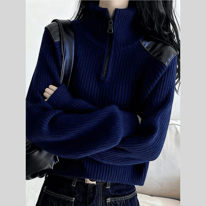 Women's knitted sweater with zipper and stand-up collar