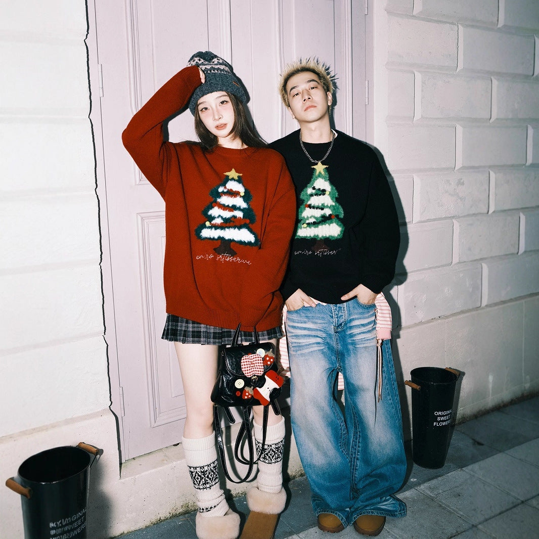 Unisex knit sweater, Christmas tree motif, contrast colors