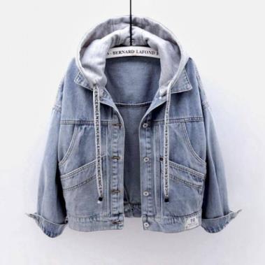 Padded women's denim jacket with detachable hood