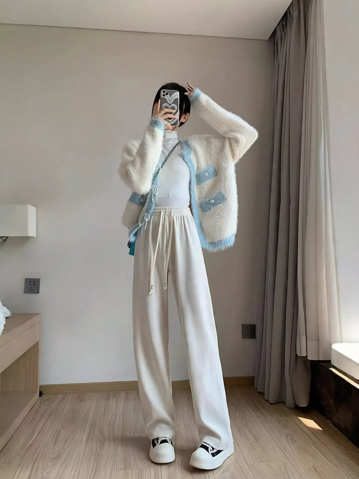 Cord wide pants with high waistband, loose fit