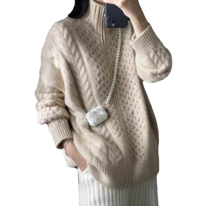 Women's wool cardigan, high collar, with zipper, cable pattern