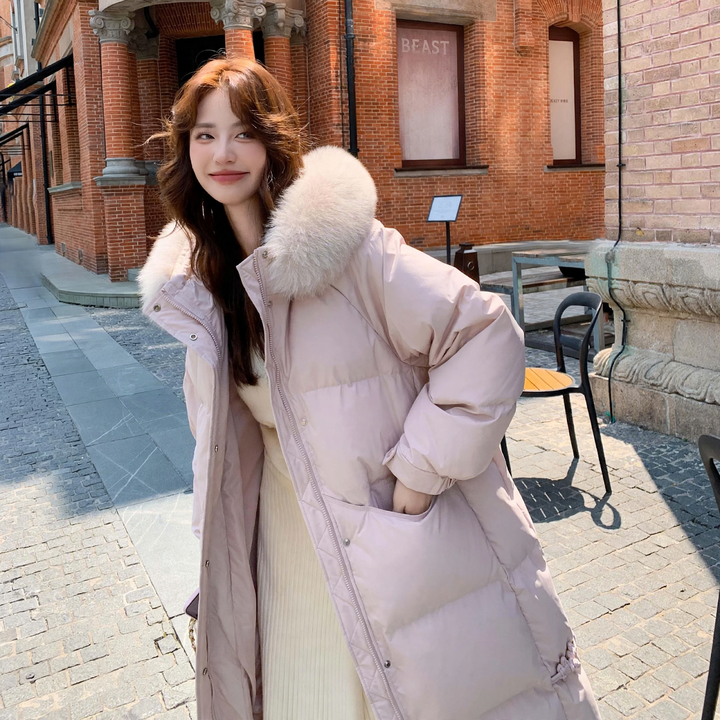 Long women's down jacket in plus size with fur collar