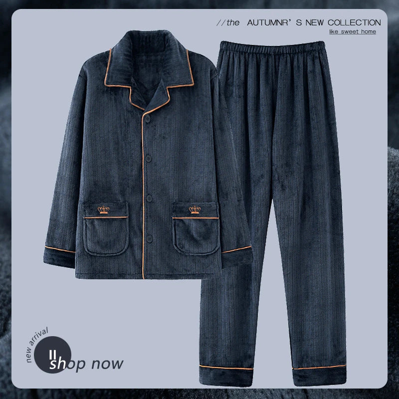 Men's Flannel Pajama Set, Embroidered, Simple