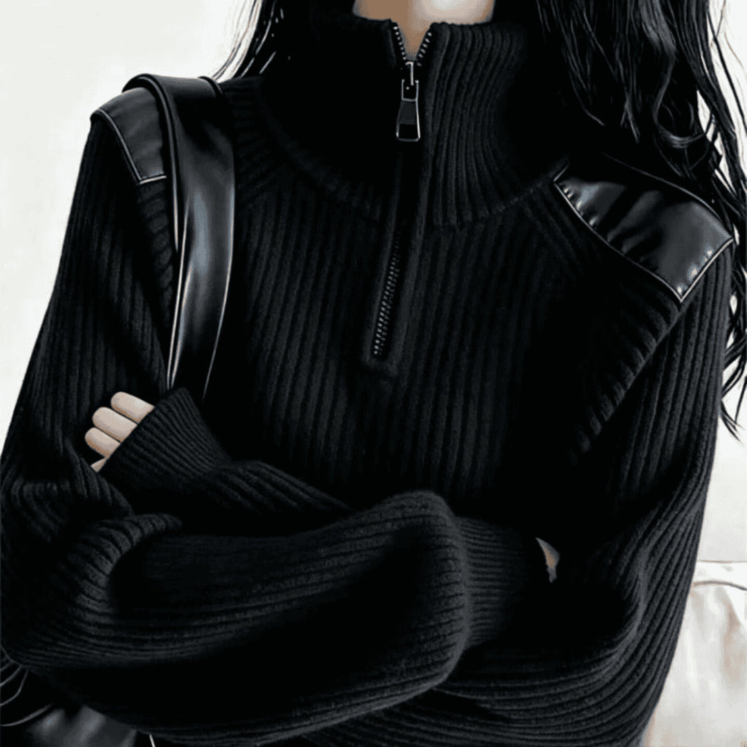 Women's knitted sweater with zipper and stand-up collar