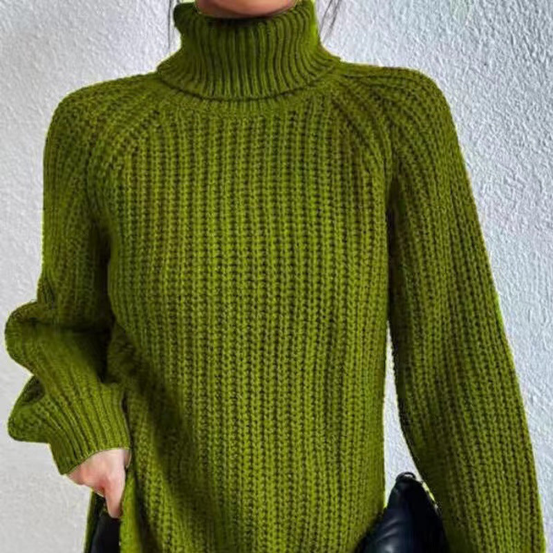 Women's knitted pullover, mid-length with high collar