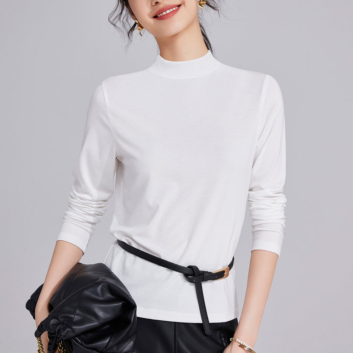 Women’s long-sleeve shirt made of wool blend with stand-up collar