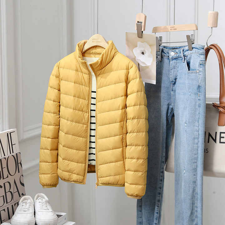 Light women's down jacket, stand-up collar, 90% duck down