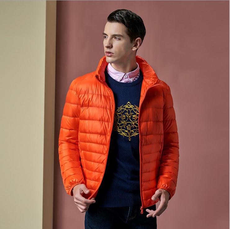 Light men's down jacket, stand-up collar, slim fit
