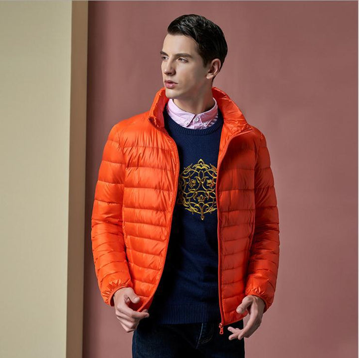 Light men's down jacket, stand-up collar, slim fit
