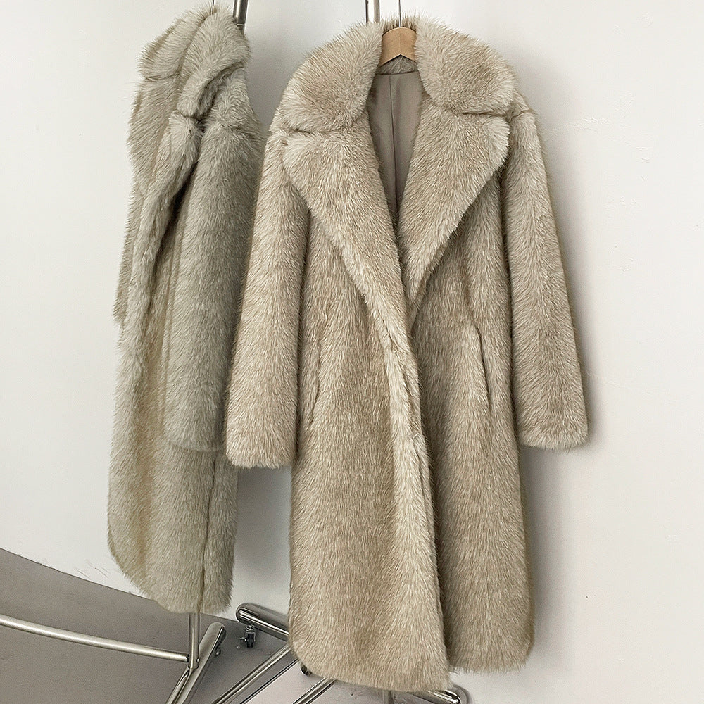 Elegant faux fur coat with lapel collar