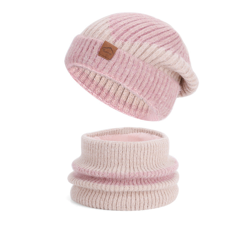 Knitted beanie and scarf set, lined, two-colored