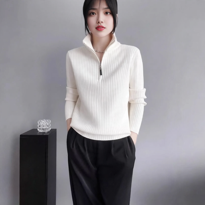 Women's knit sweater with zipper and finger holes