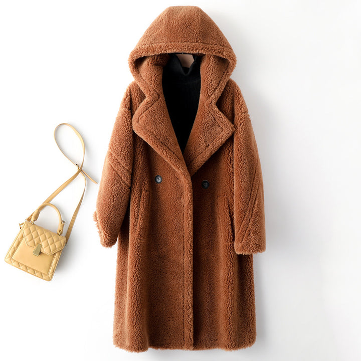 Long Teddy coat made of lambswool imitation for women