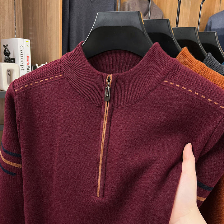 Men's Knit Sweater with Zipper and Stand-up Collar