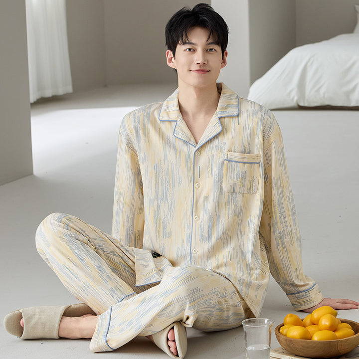 Men's Pajama Set, Cotton, Striped/Checkered, Long Sleeve