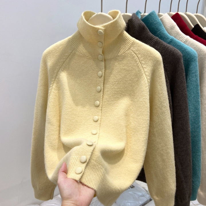 Ladies' cardigan with standing collar and button placket