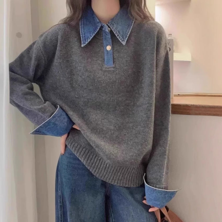 Women's knit sweater with polo collar and denim sleeves