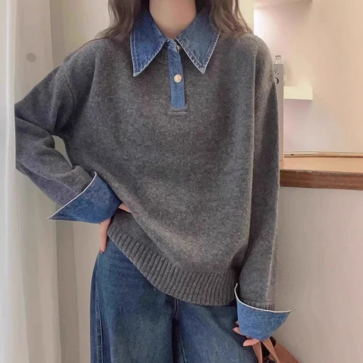 Women's knit sweater with polo collar and denim sleeves