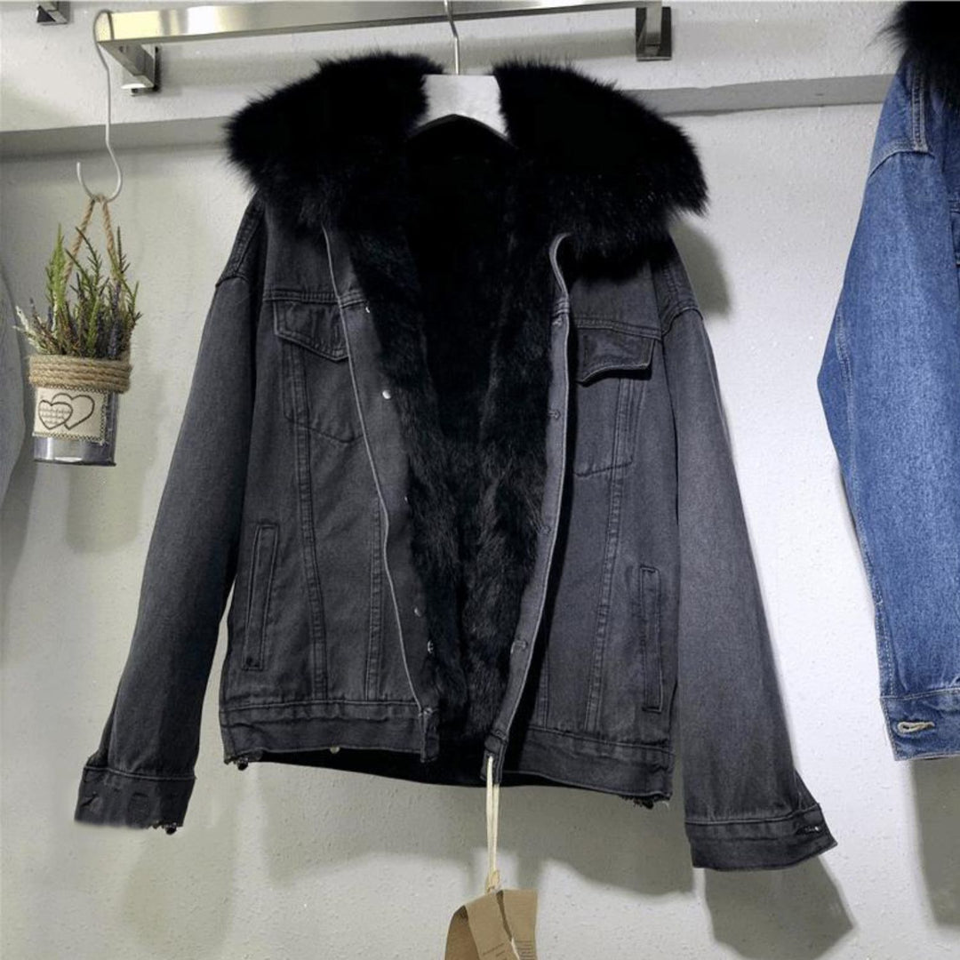 Padded denim jacket for women, short, with faux fur collar