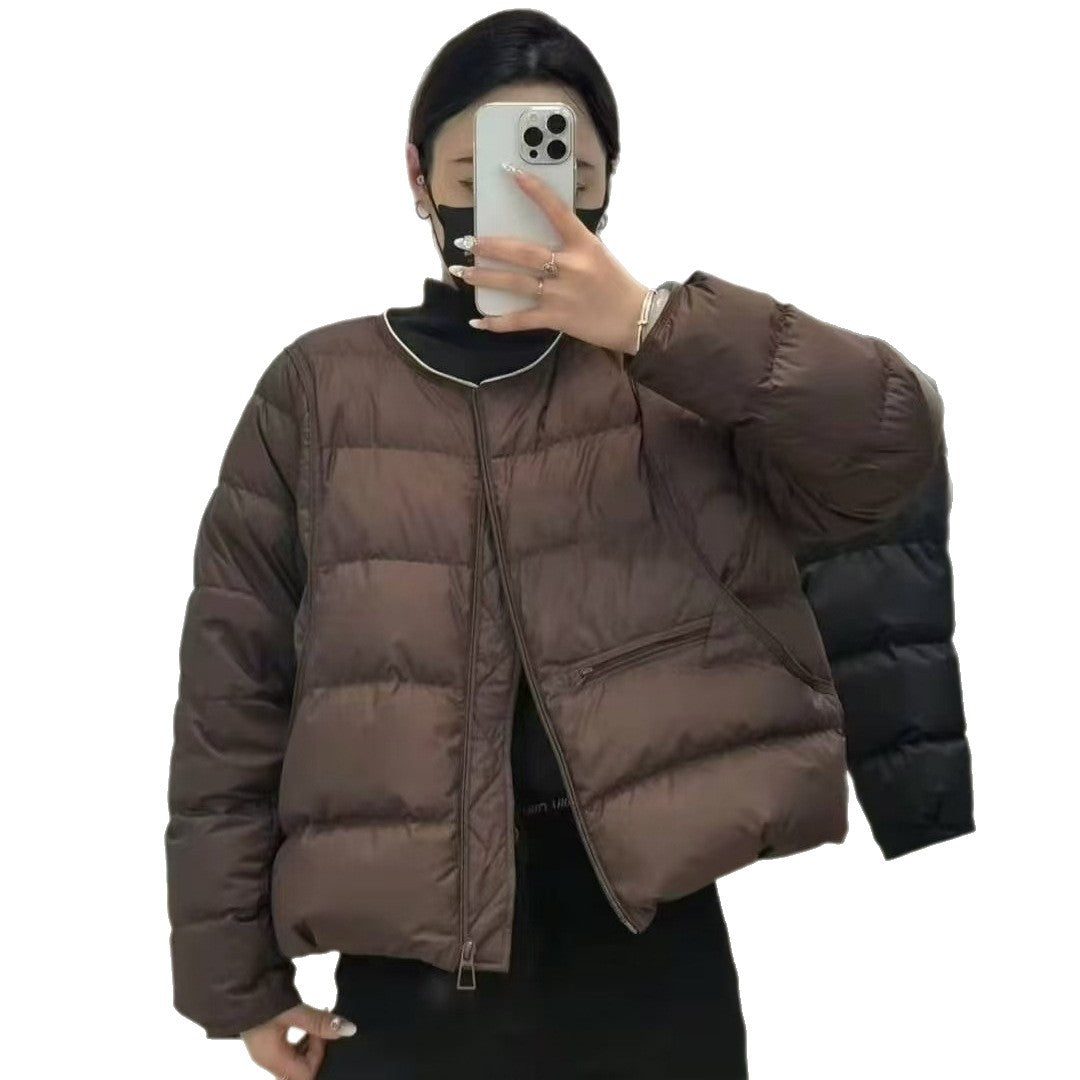 Lightweight, short down jacket with round neck