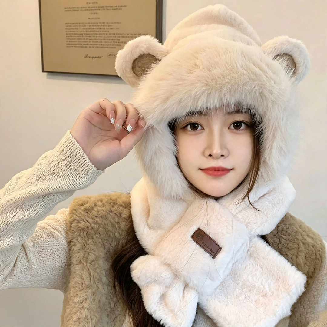 Plush hat with ears and scarf, one size