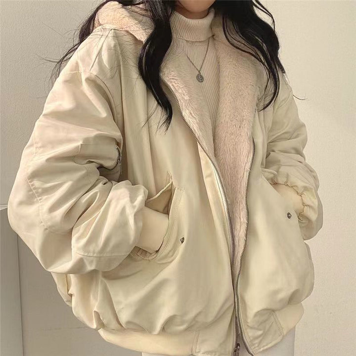 Reversible, padded hoodie with lambskin look