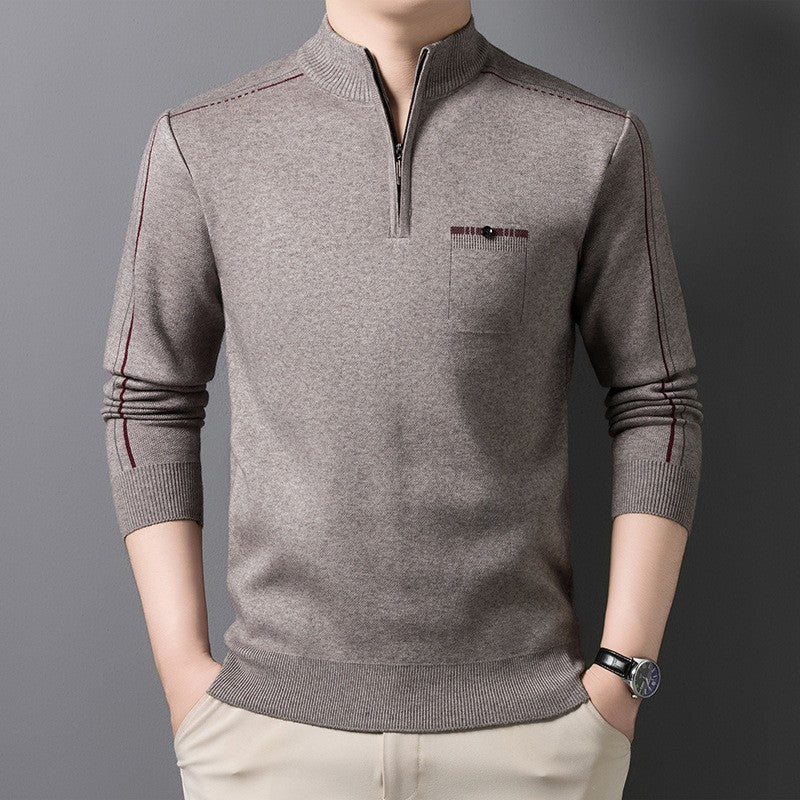 Men's knit sweater with stand-up collar and zipper