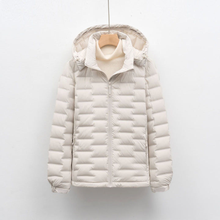 Light women's down jacket with hood, short