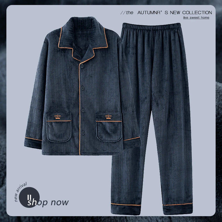 Men's Flannel Pajama Set, Embroidered, Simple