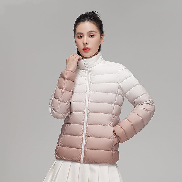 Women's down jacket, short, with stand-up collar and gradient