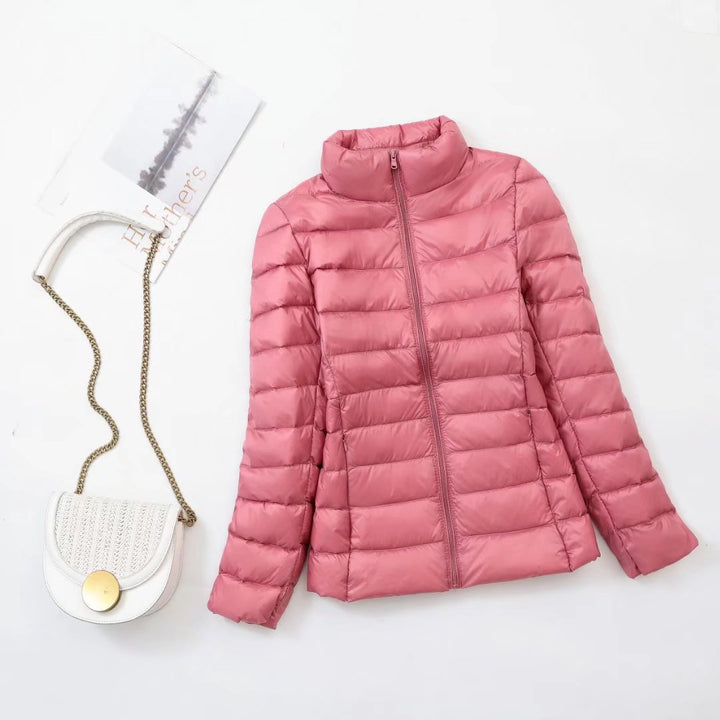 Light women's down jacket, stand-up collar, slim fit