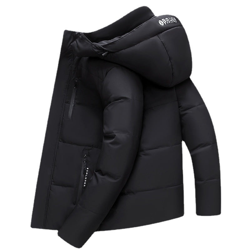 Short men's down jacket with detachable hood
