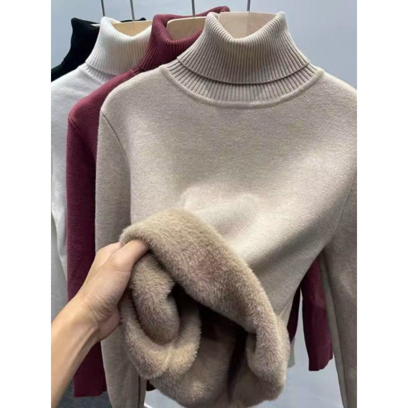 Women's knitted pullover with inner fleece, high collar