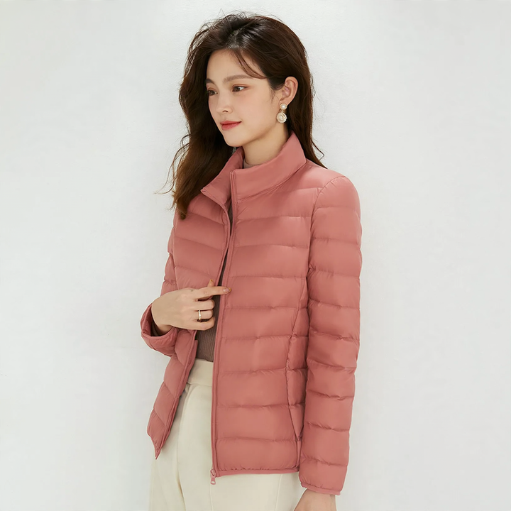 Light women's down jacket with stand-up collar, white duck down