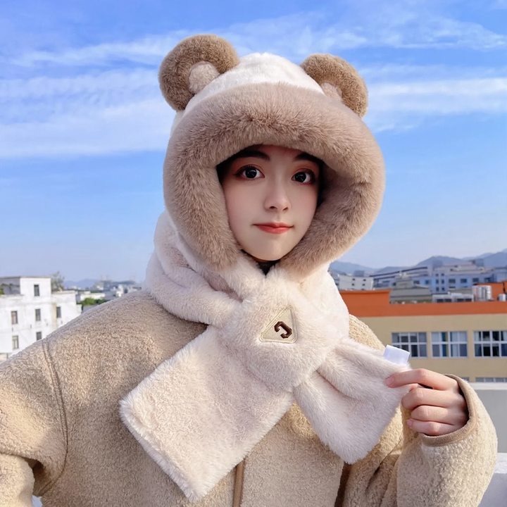 Plush set: Bear hooded hat and scarf