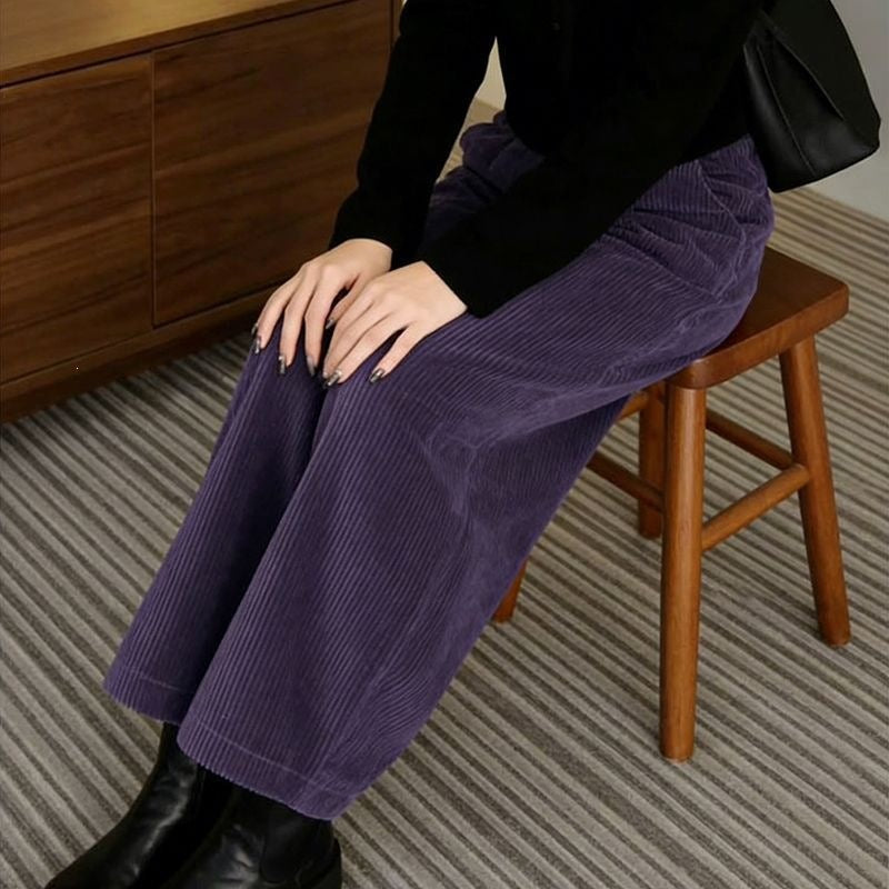 Women's corduroy pants, wide cut, elastic waistband